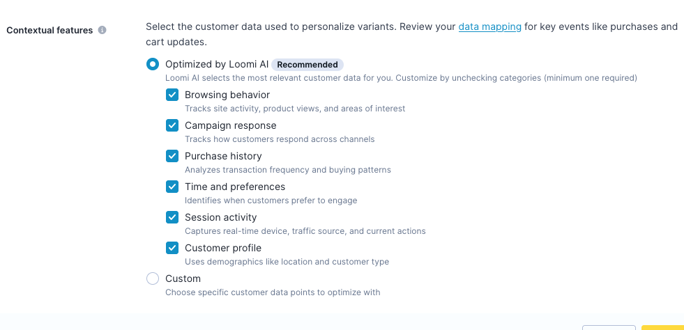 Contextual features panel showing Optimized by Loomi AI selected with six active categories and Custom as an alternative option.