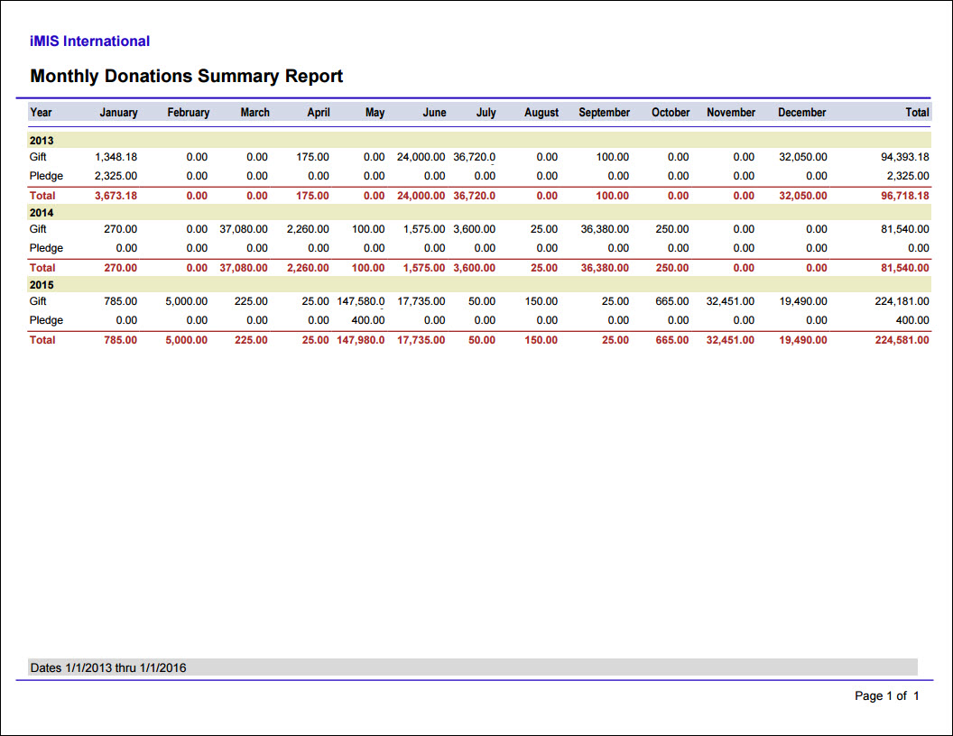 Viewing the Monthly Donations Summary report example