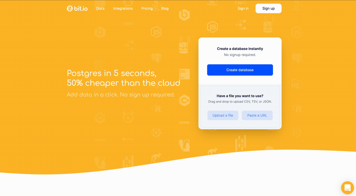 Click the "Sign Up" button on the upper right side of the bit.io homepage to create an account!