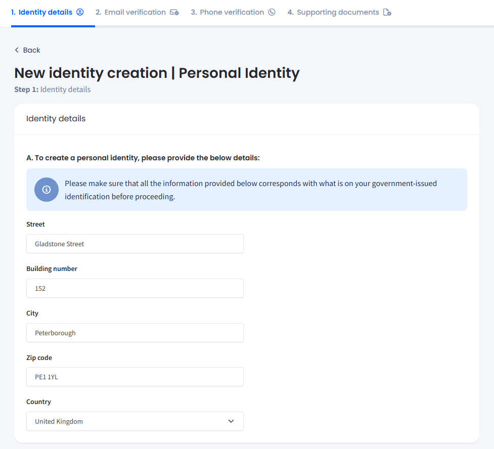 Screenshot with Identity Details section - personal identity