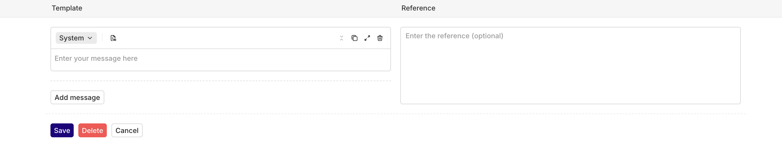 Dataset Entry panel, select **Add message** to add new messages to the prompt. Finish by pressing **Save**.