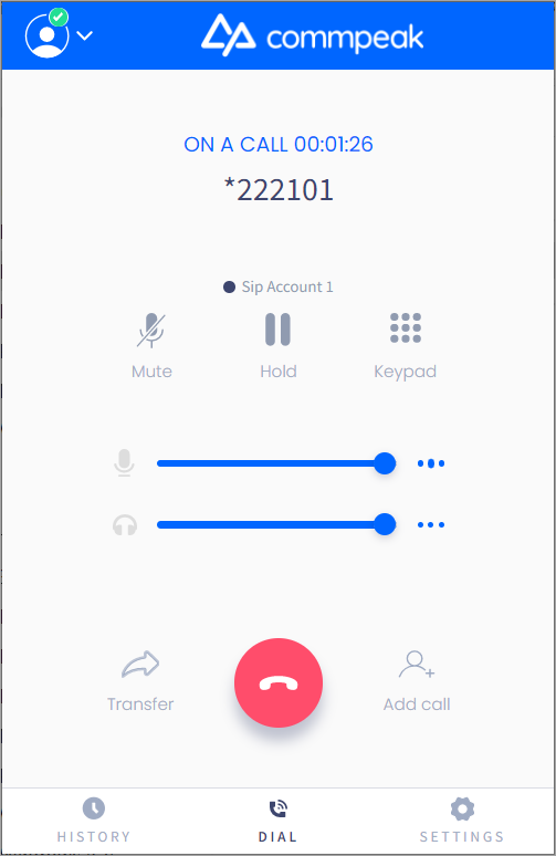 Screenshot of the Softphone dialpad: call in progress