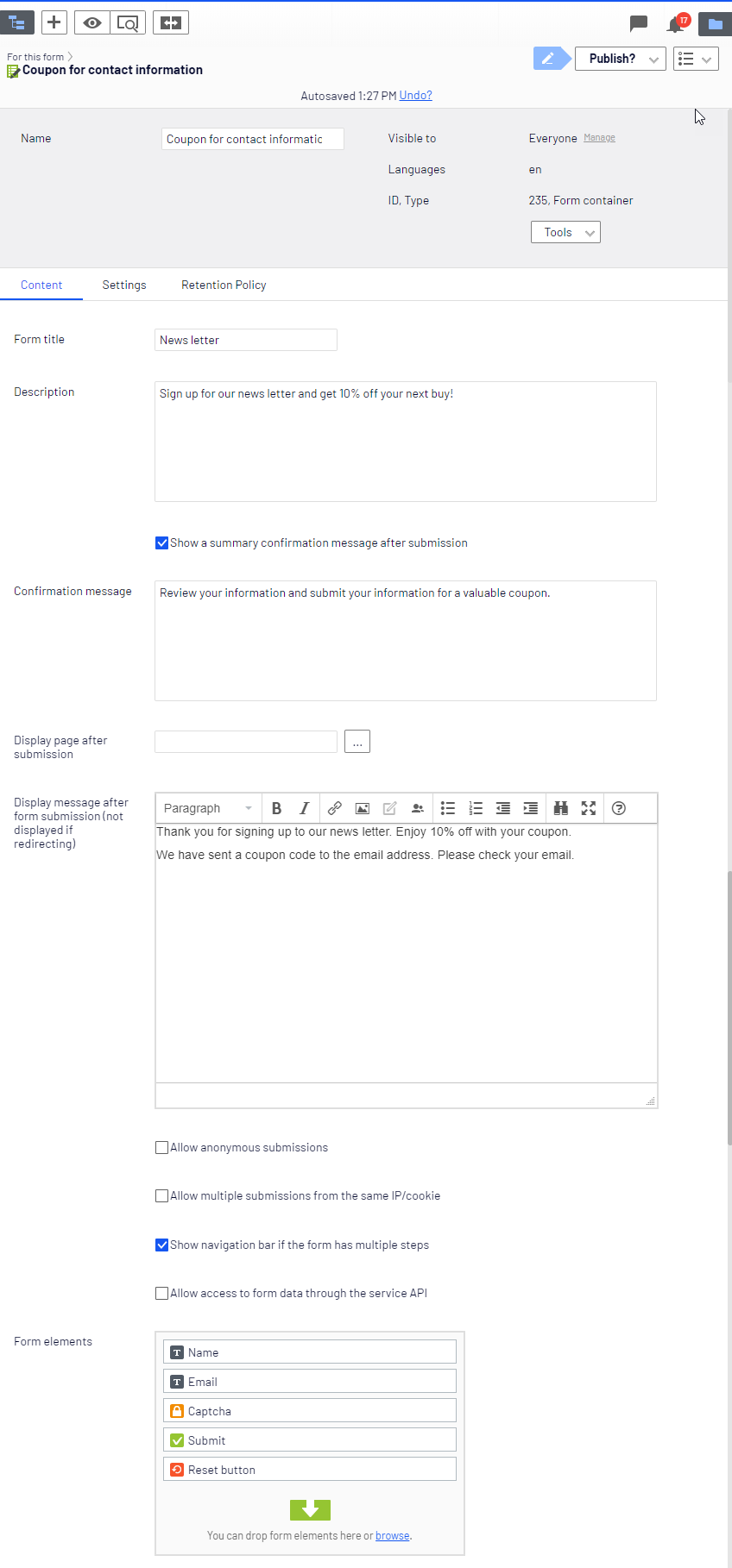 Screenshot of the form container Content tab where configuring form properties like title, description, and elements