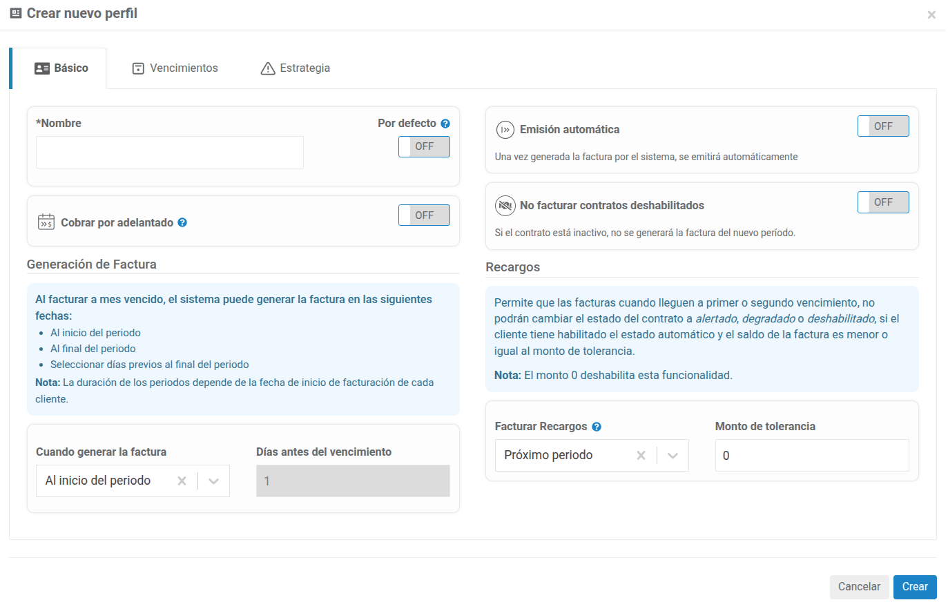 Crear nuevo perfil Básico