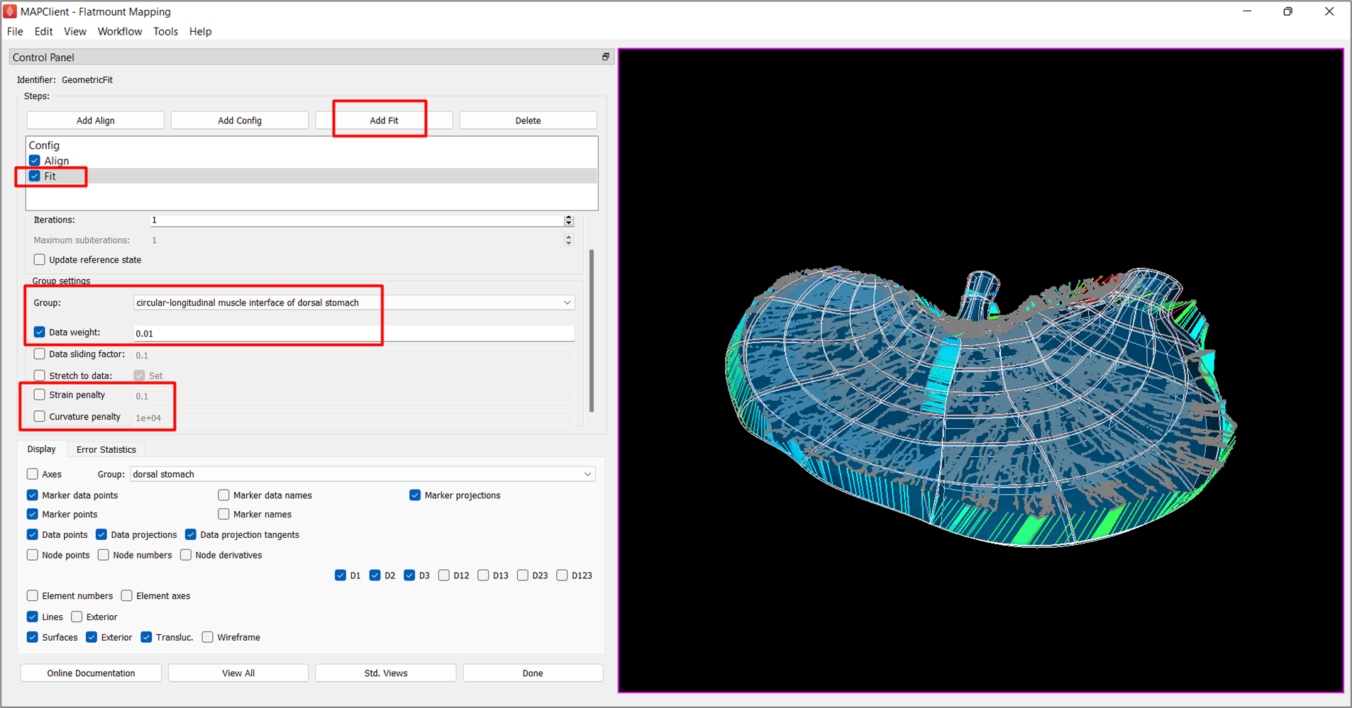 Figure 6. Scaffold after initial fit with high deformation penalties for - Default -, and low data weight for flatten group.