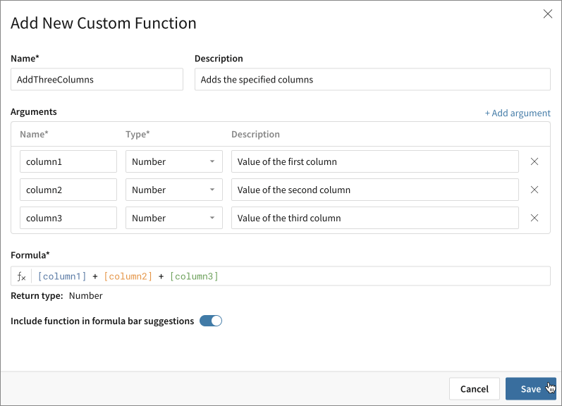 The Add custom functions interface