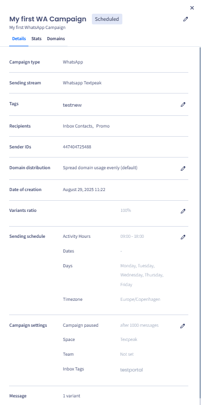 Screenshot of the campaign details: Details tab
