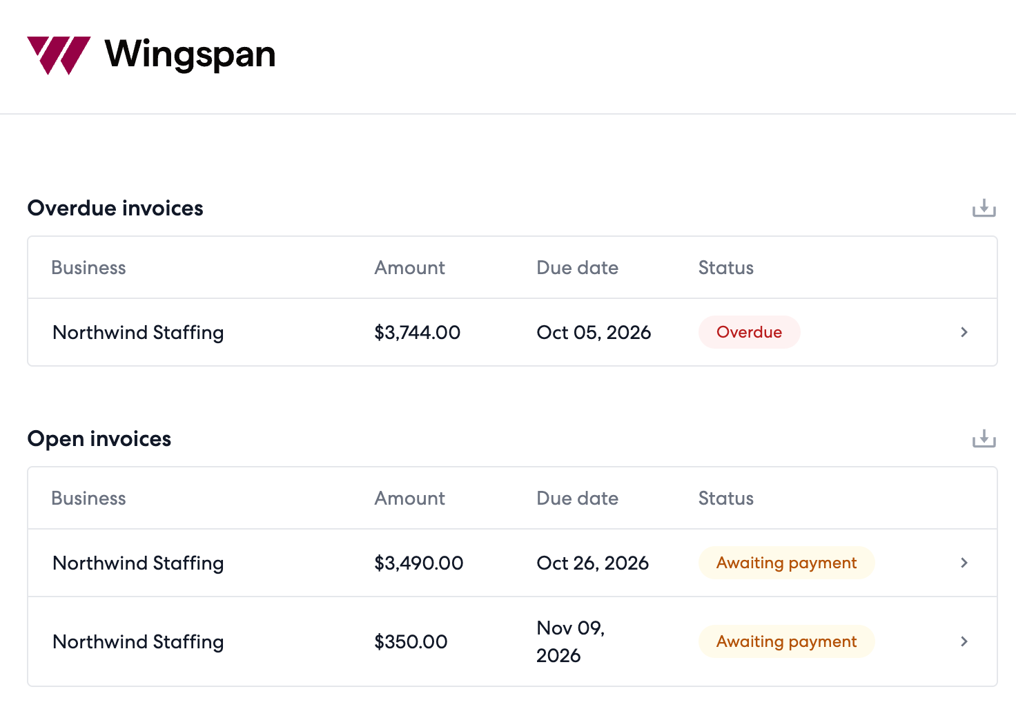 Client portal showing overdue and open invoices