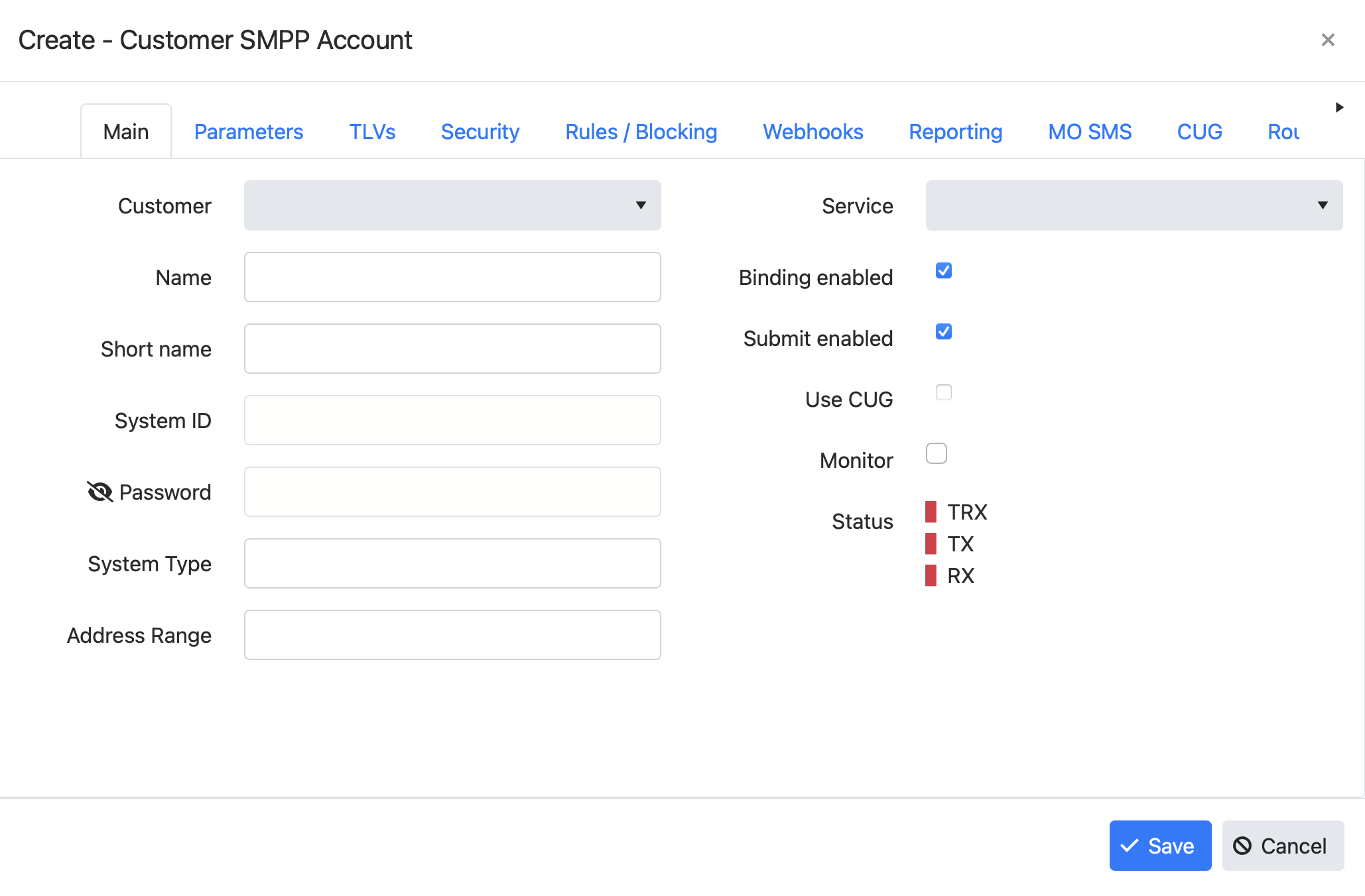 Customer SMPP account configuration dialog (add SMPP account)