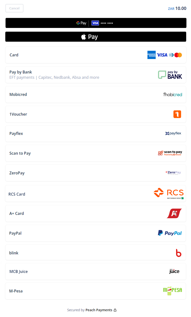 Example Checkout screen; note that not all payment methods are available in all regions or for all currencies.