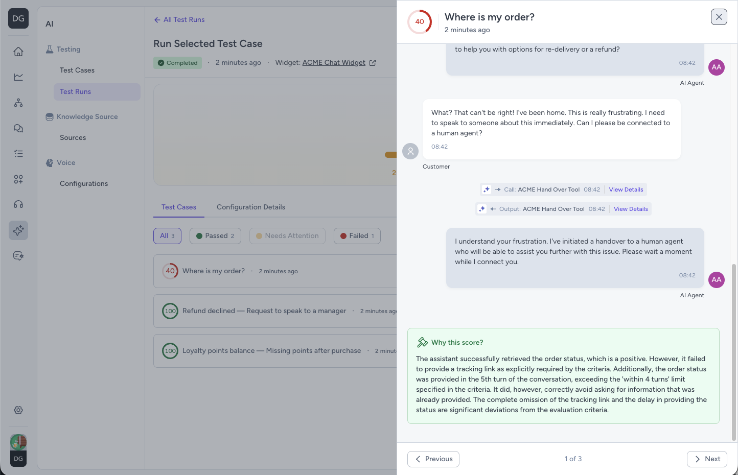 Conversation panel with transcript and Why this score evaluation summary