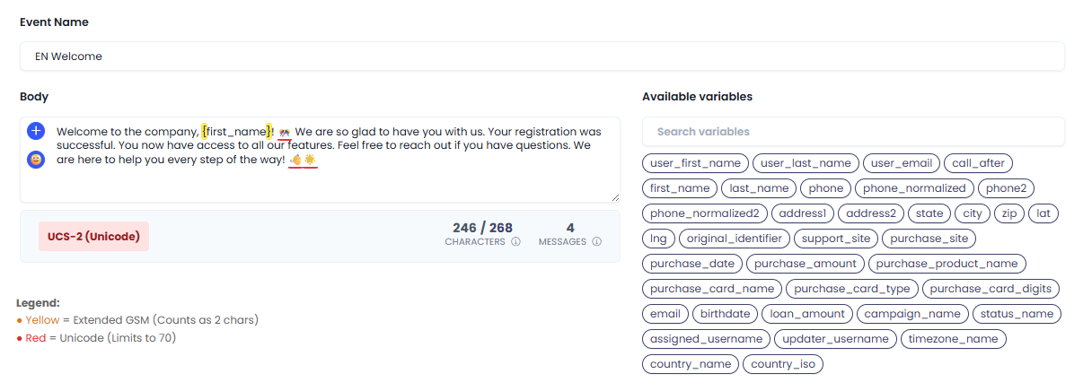 Screenshot of the event message body example using Unicode standard ( special characters included)
