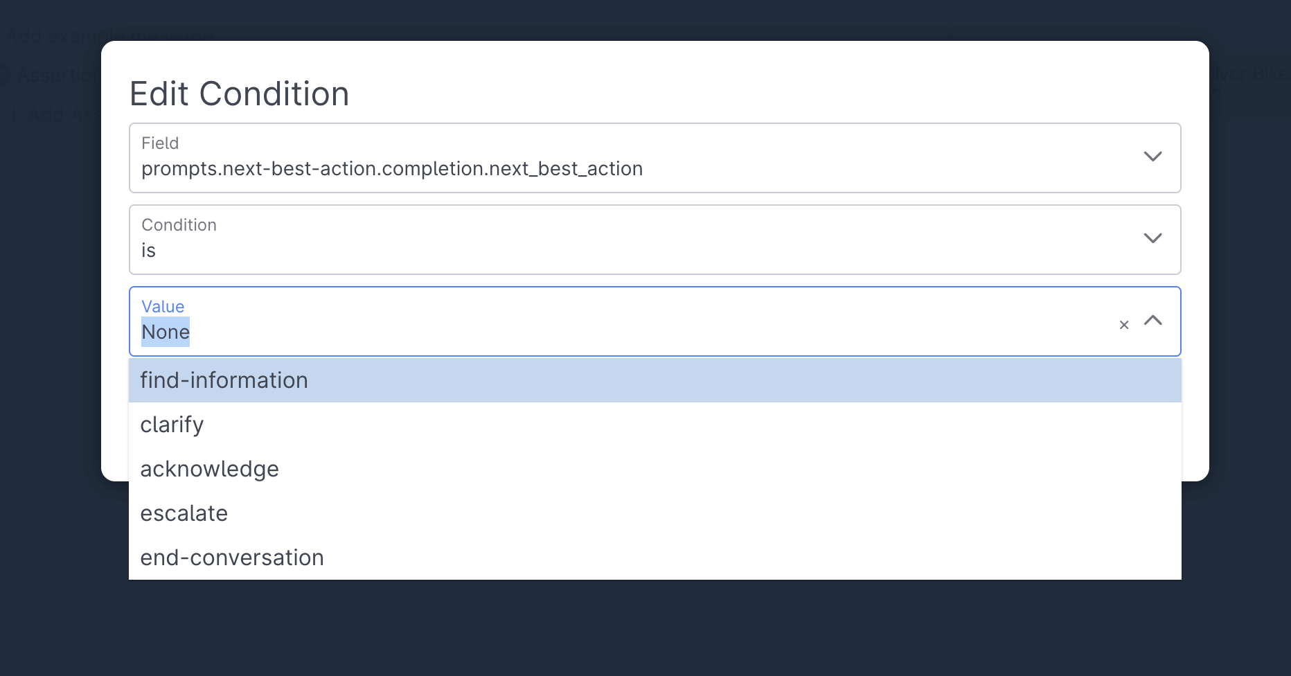 select the `prompts.next-best-action.completion.next_best_action` field and the `acknowledge` value