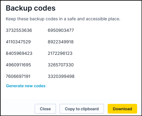Backup codes dialog showing ten 10-digit recovery codes with options to close, copy to clipboard, download, or generate new codes.
