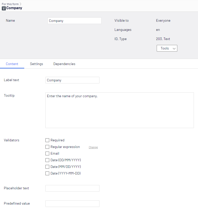 Screenshot of the Edit context menu where configuring a form element with a Company label