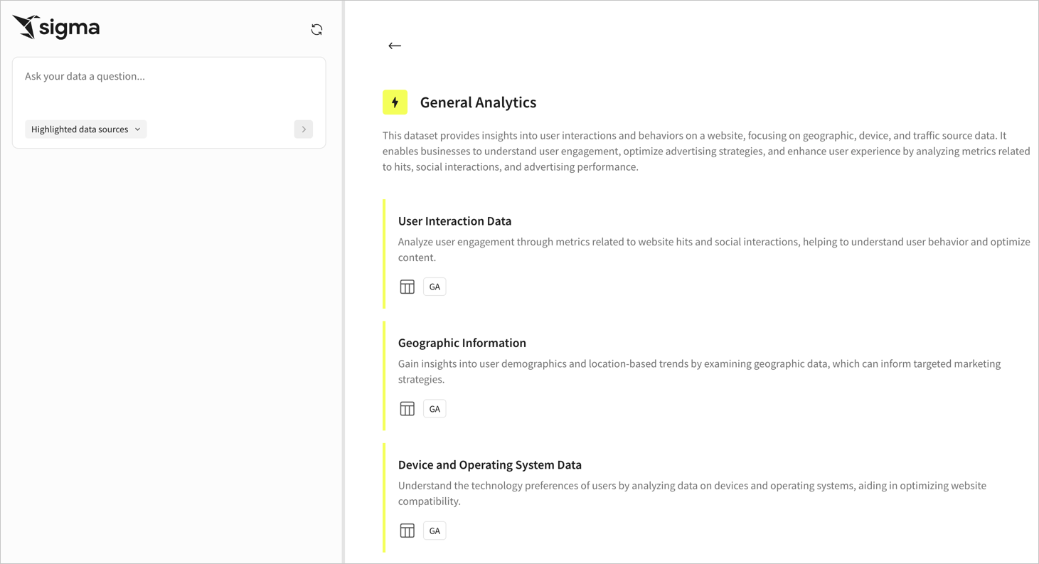 Expanded view of the General Analytics data collection, featuring a description about user interaction and behavior, with specific tables covering User Interaction Data and Operating System Data highlighted with data source tables that you can click.