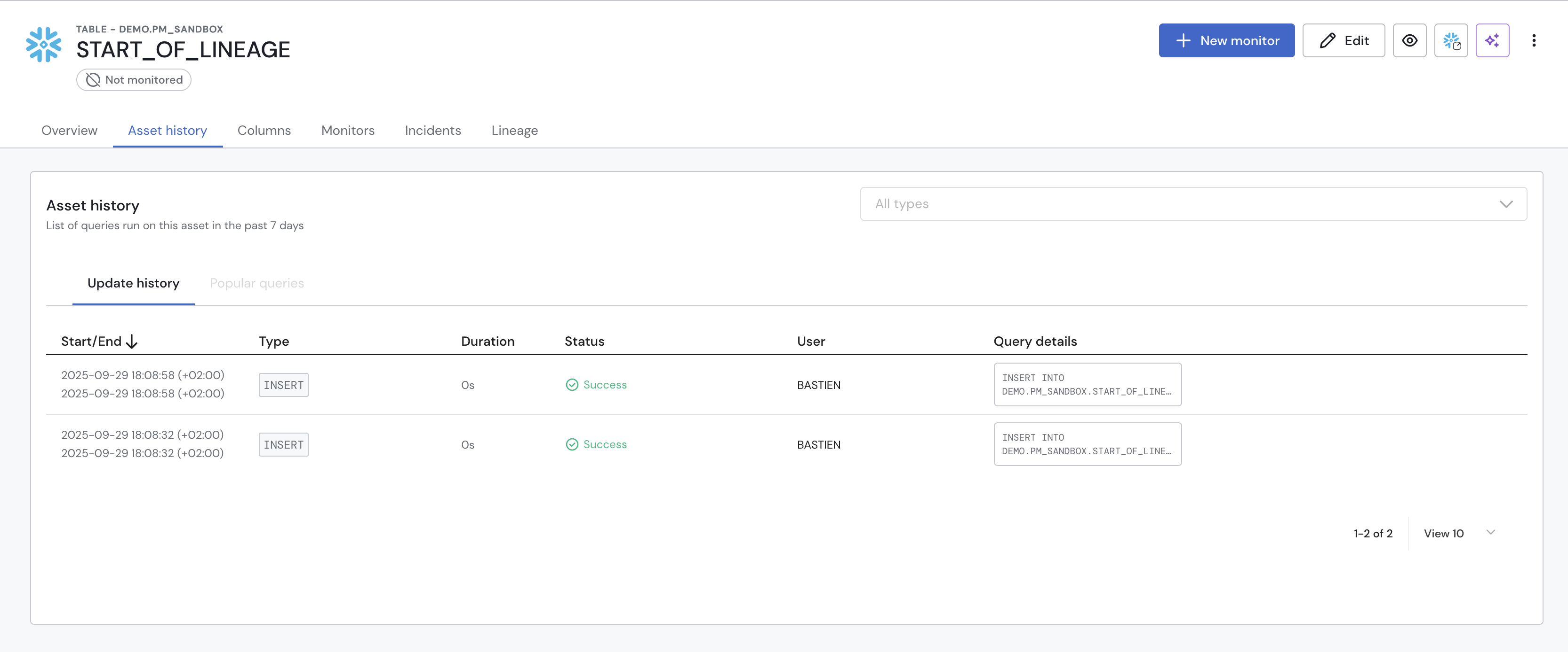 The Asset History tab.