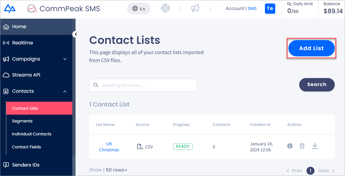 Screenshot of the **Contacts > Contact Lists** tab