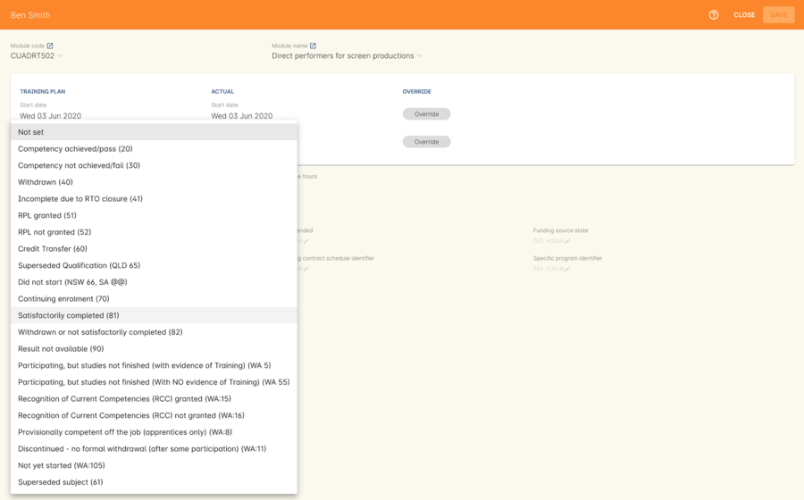 Figure 403. Setting the outcome status in the outcome edit view