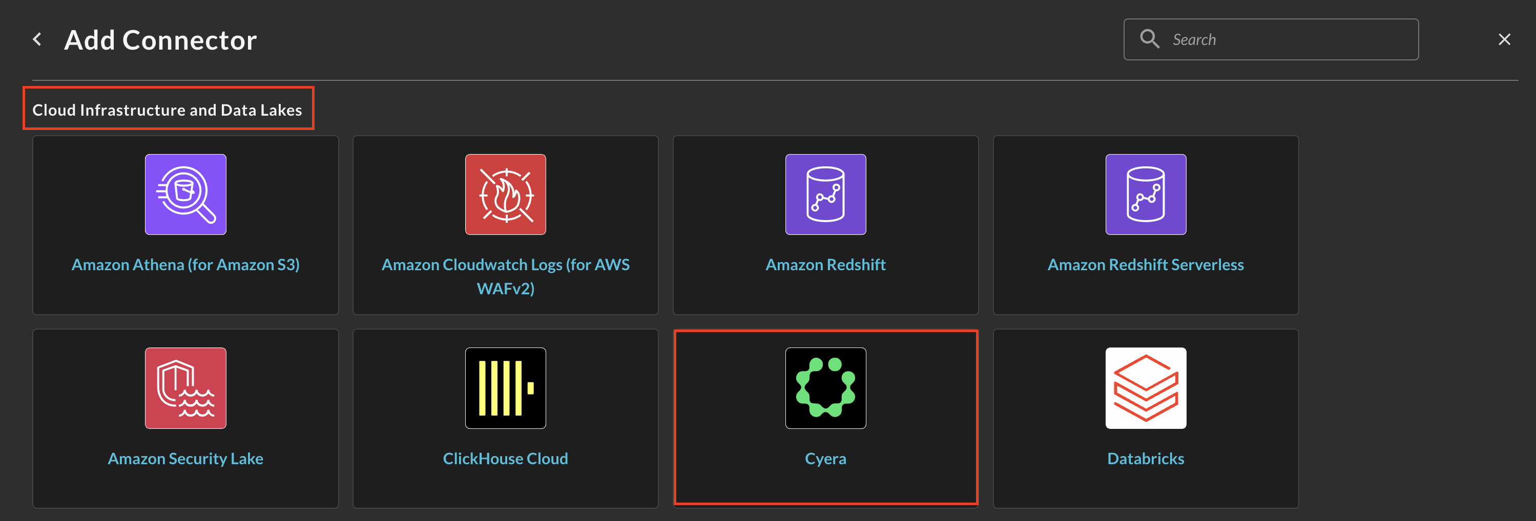 FIG. 1 - Locating the Cyera Connector in the Query Federated Search Connectors page