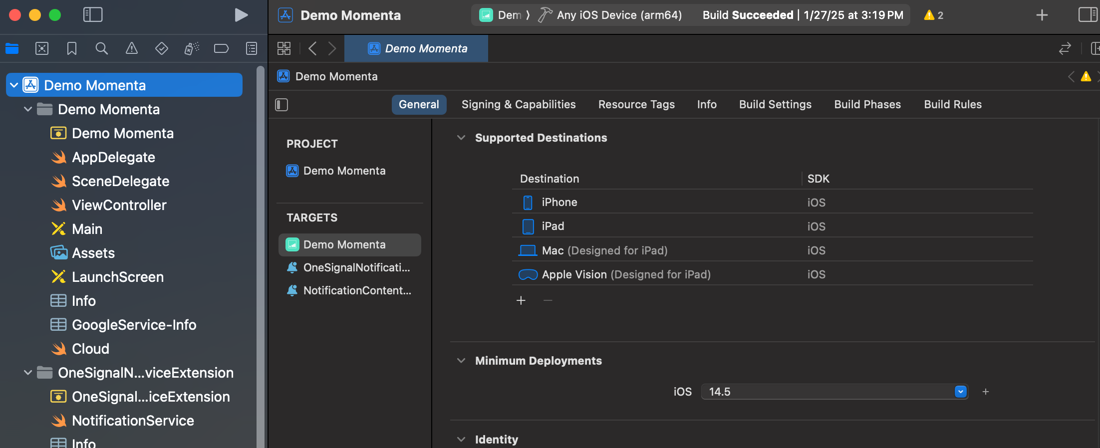 Example shows the main app target with Minimum Deployments as iOS 14.5