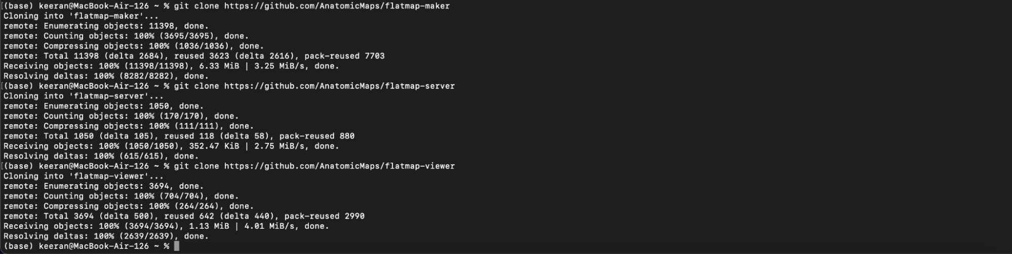 Figure 19: Cloning the flatmap -maker, -server, and -viewer repositories.