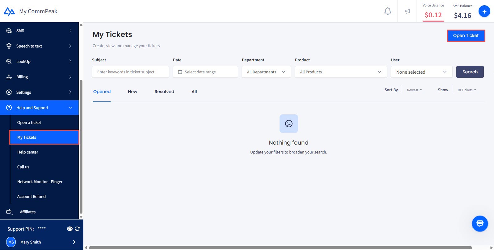Screenshot of the options to open a new ticket