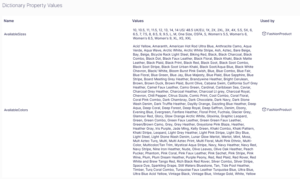 Screenshot of the Dictionary Property Values page in Commerce Connect showing the Name, Values, and Used by columns