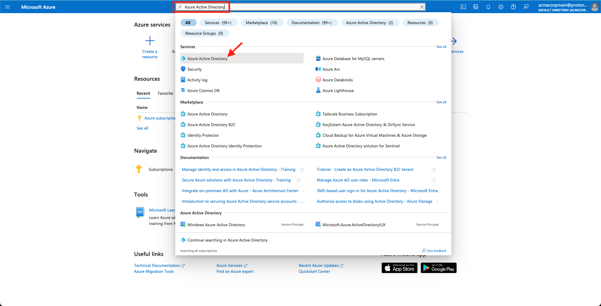Search for and select 'Azure Active Directory' in Azure