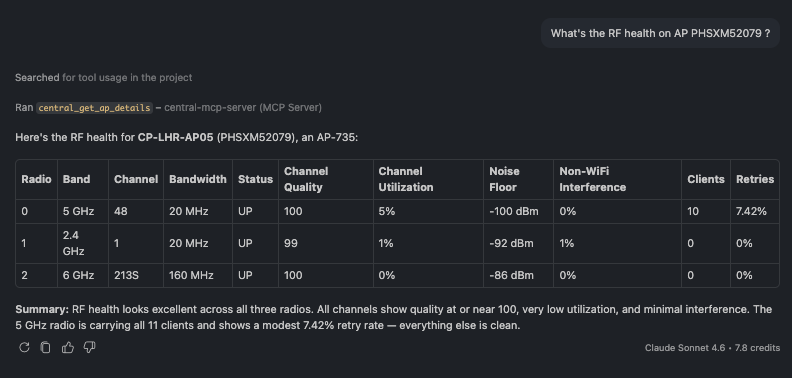 Per-radio RF table for one AP showing band, channel, client count, channel quality, and noise floor