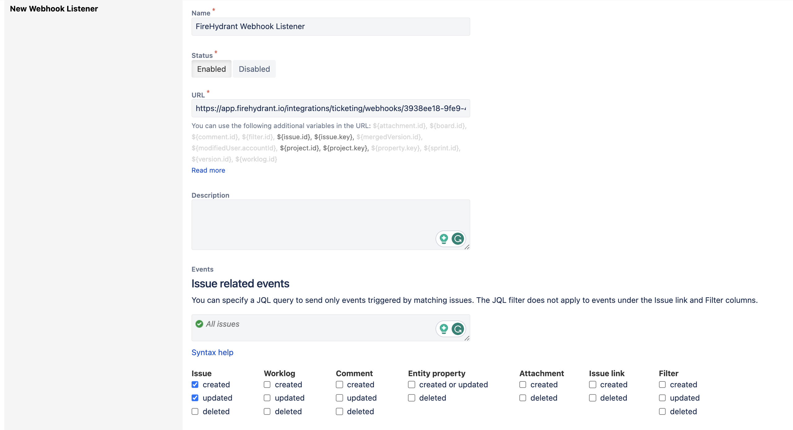 Creating a new webhook in Jira