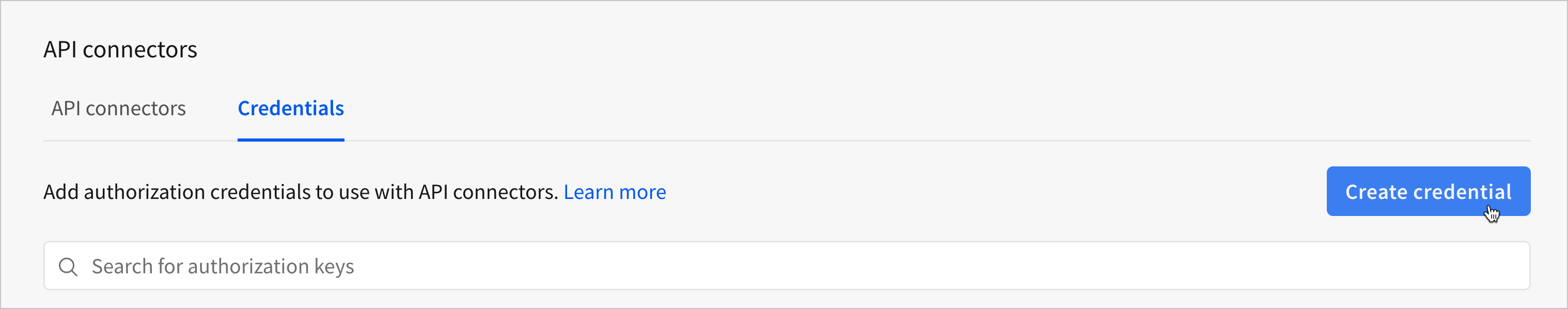 The Create credential button in the Credentials tab of the API connectors page.