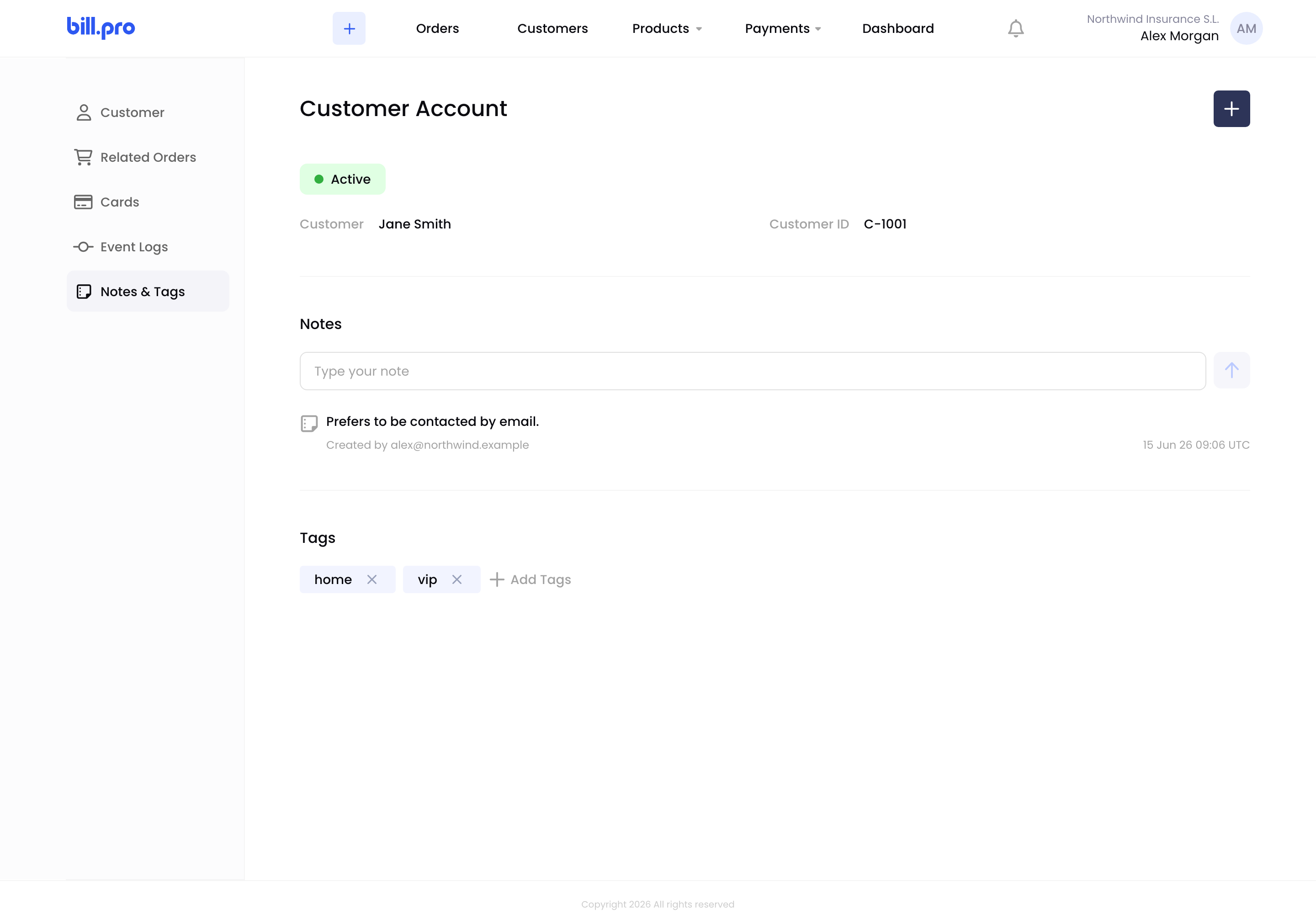 Notes and tags on a customer account