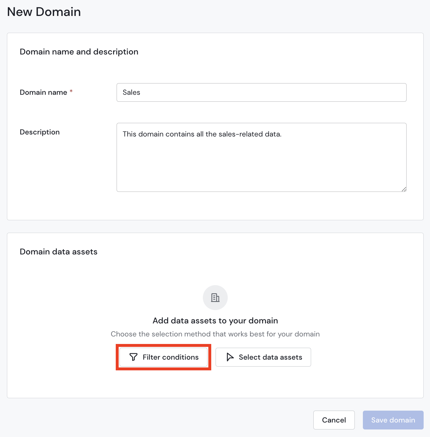 Domain Asset Selection Filter Conditions