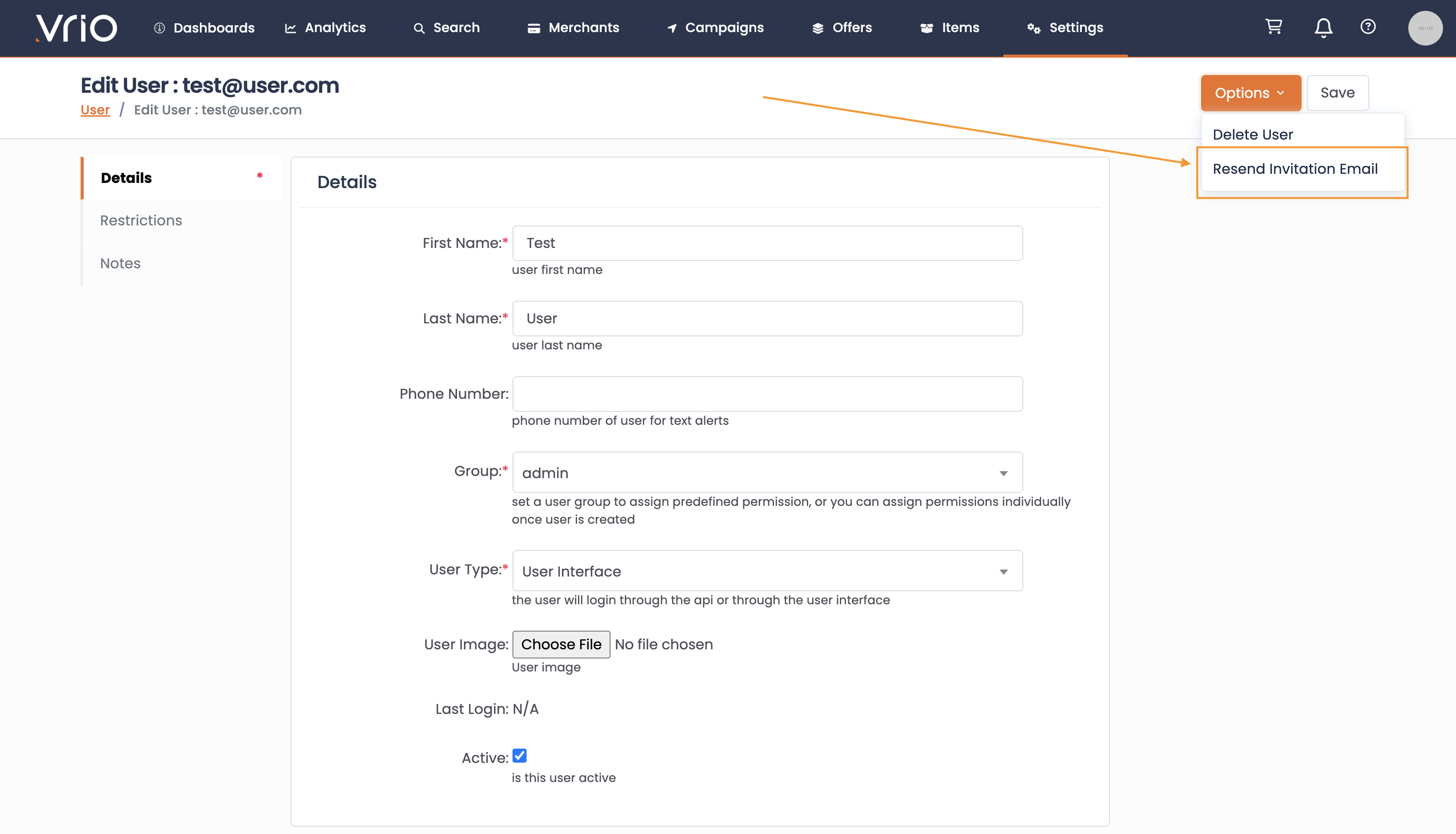 Resend Invitation Email option in user settings