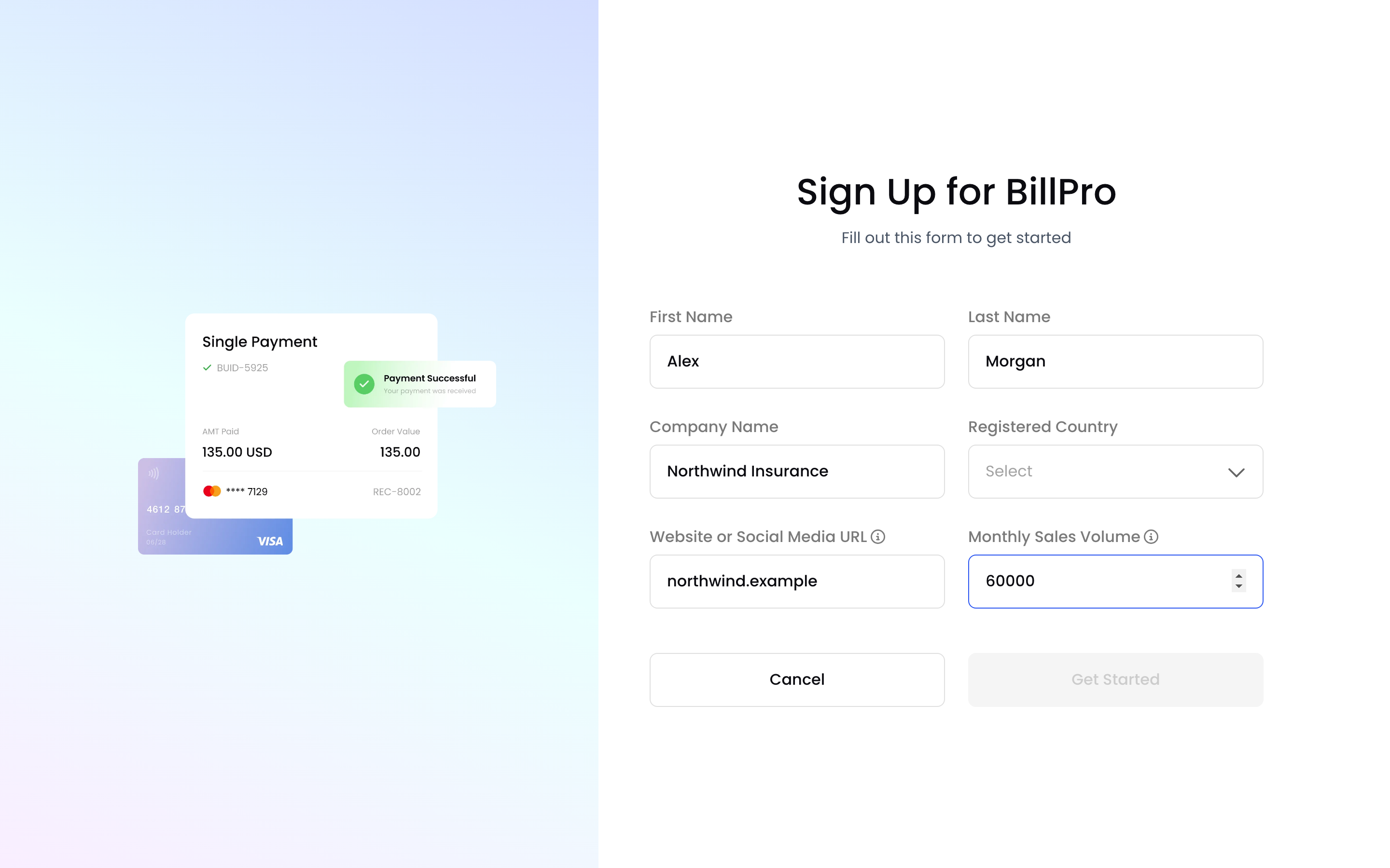 Sign Up for BillPro, step 2 with business details