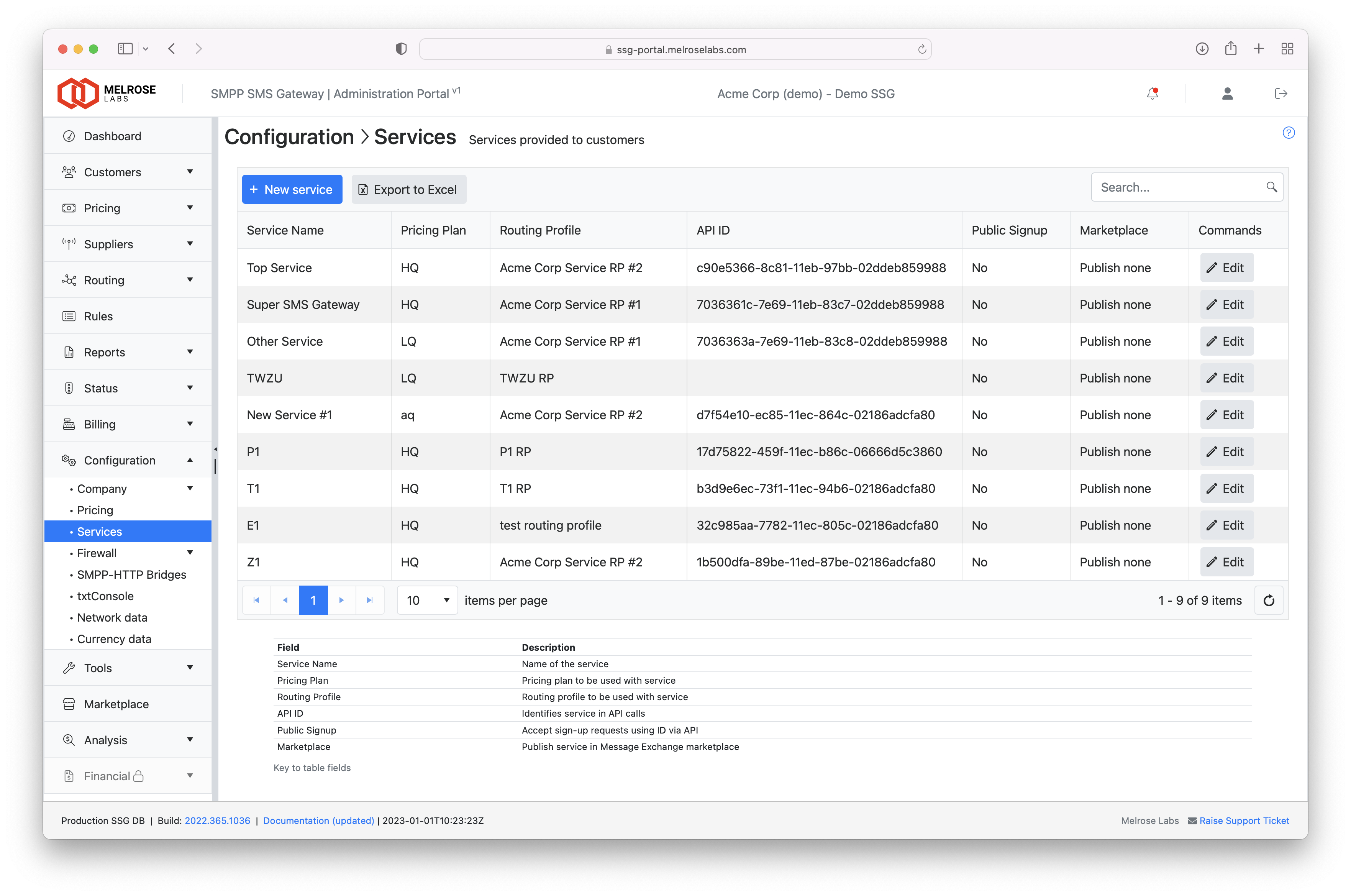 Configuration > Services section