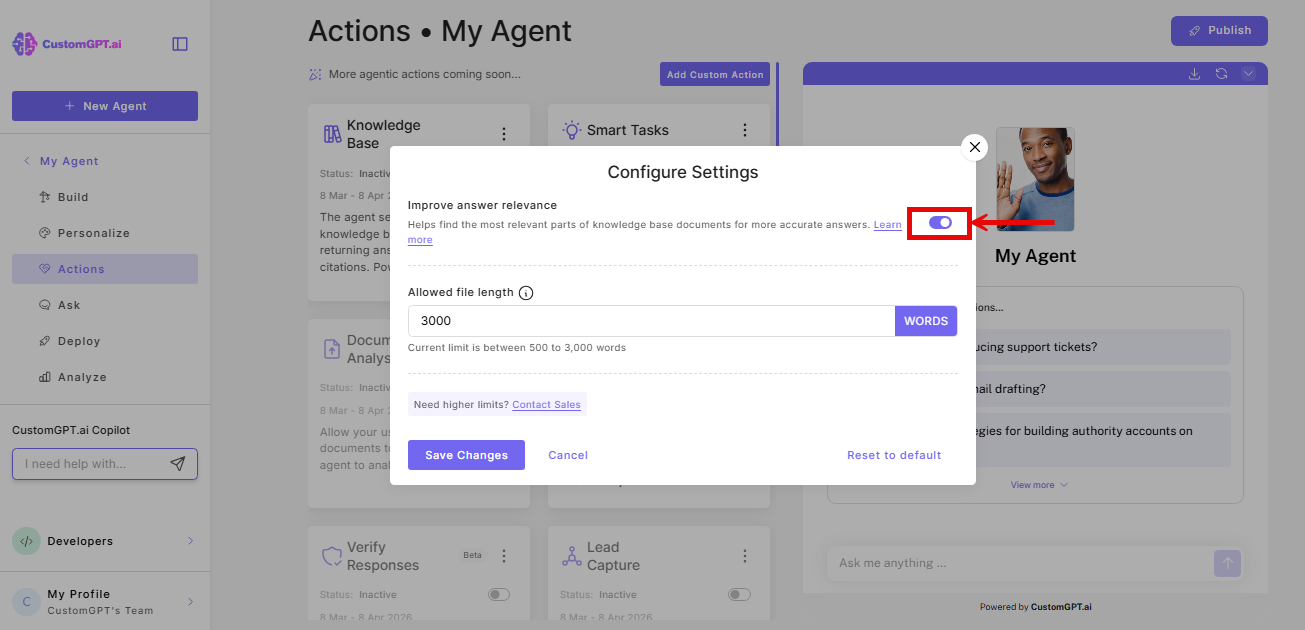 Improve answer relevance toggle on the configure settings modal of KB Doc Analyst card
