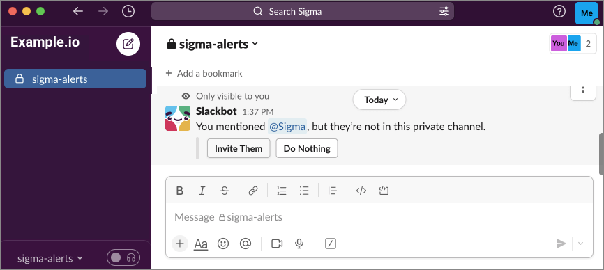 Slack prompts you to invite Sigma app to the private channel