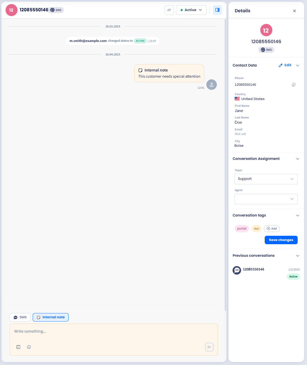 Screenshot of the New conversation contact picker showing contacts grouped alphabetically and the insert number field