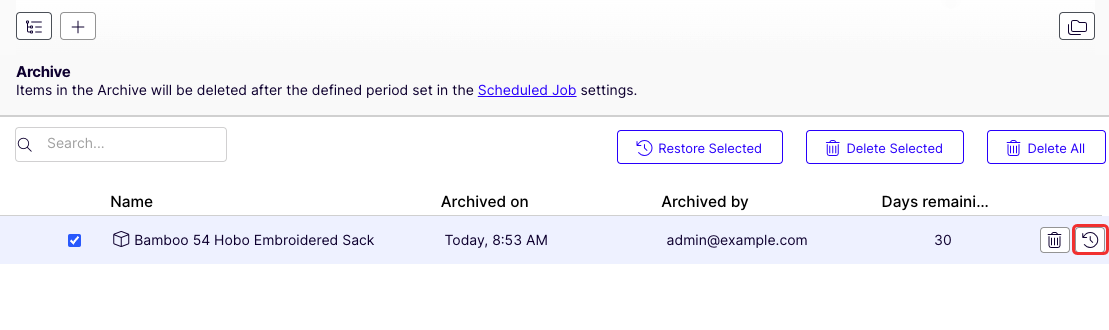 Screenshot of archived catalog entries selected for restoration with the Restore Selected option.