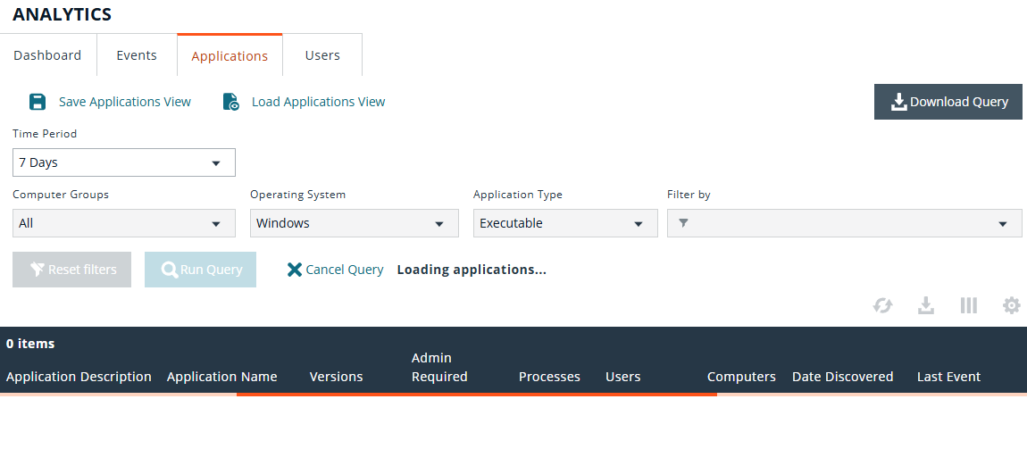 Application tab in Analytics with Run query