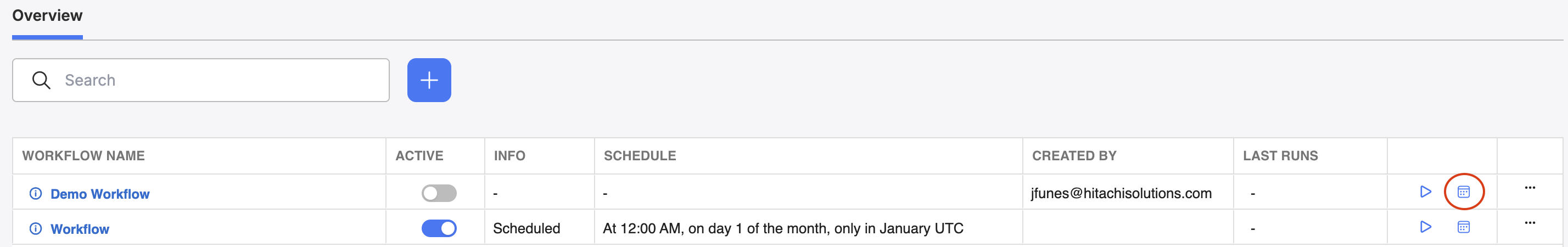 Click on the Calendar icon from the Workflow overview screen to setup or edit an automated run schedule.