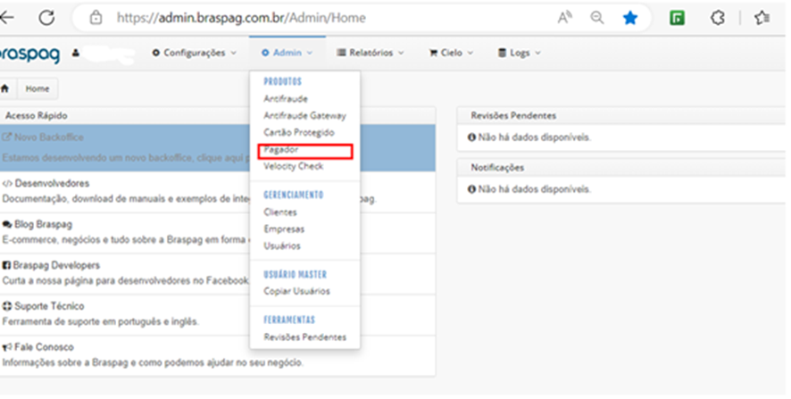 Acesse o portal Admin da Braspag em uma nova aba e clique na opção "Pagador" para continuar.