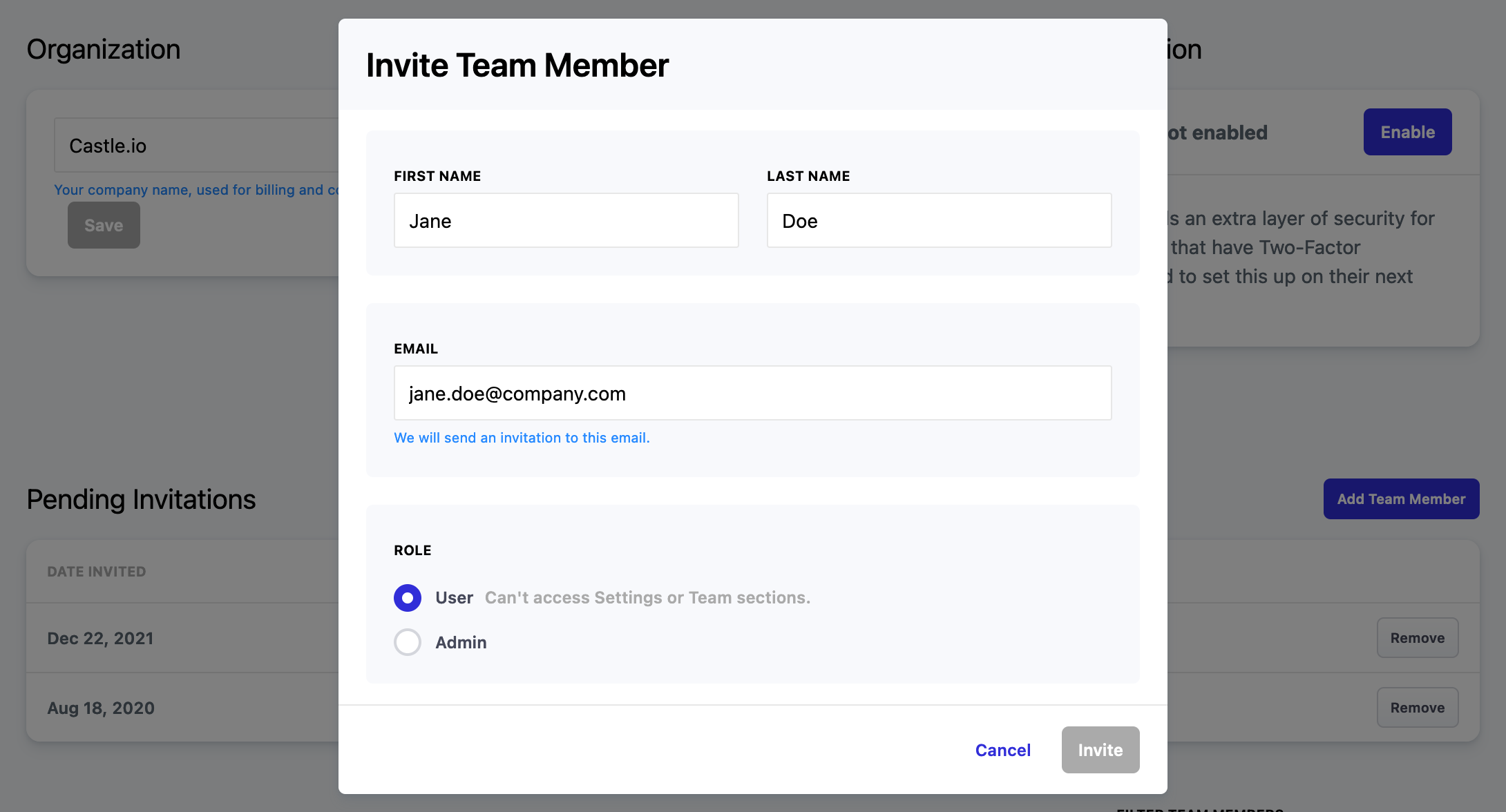 Use this form to invite additional members to the Castle Dashboard for your organization