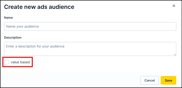 Create new ads audience dialog with Name field, Description field, and value based checkbox.