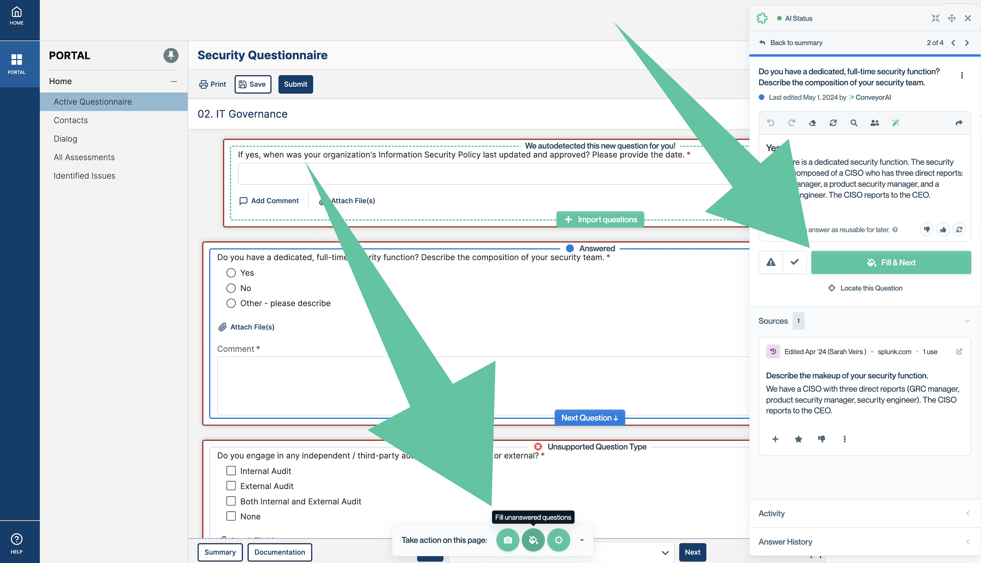 Click "Fill & Next" to fill one question, or "Fill unanswered questions" to fill all the questions on the page.