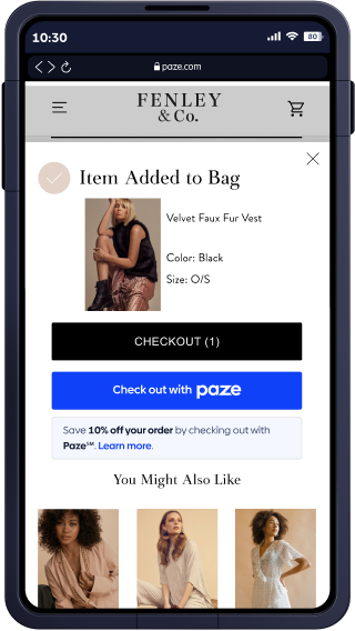 Phone showing Paze checkout dialog