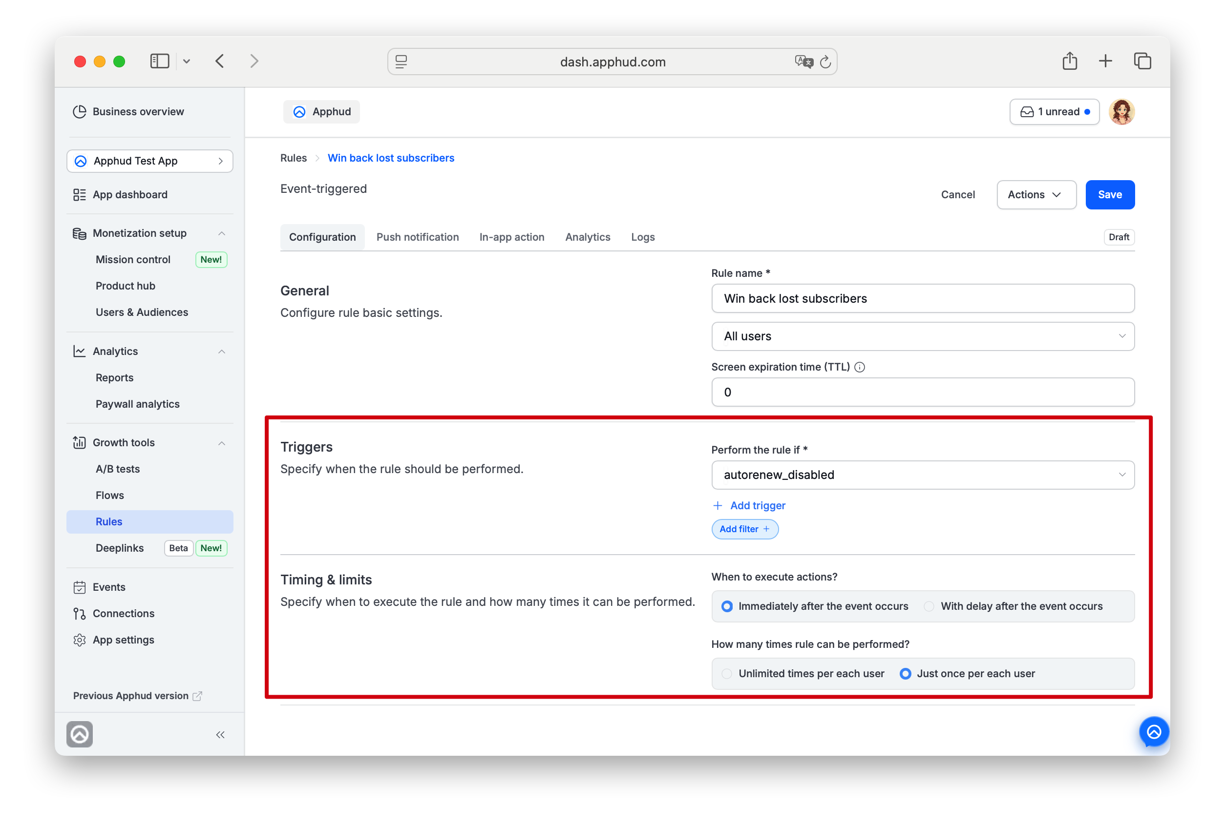 Apphud - Rules - Event Triggered Configuration page
