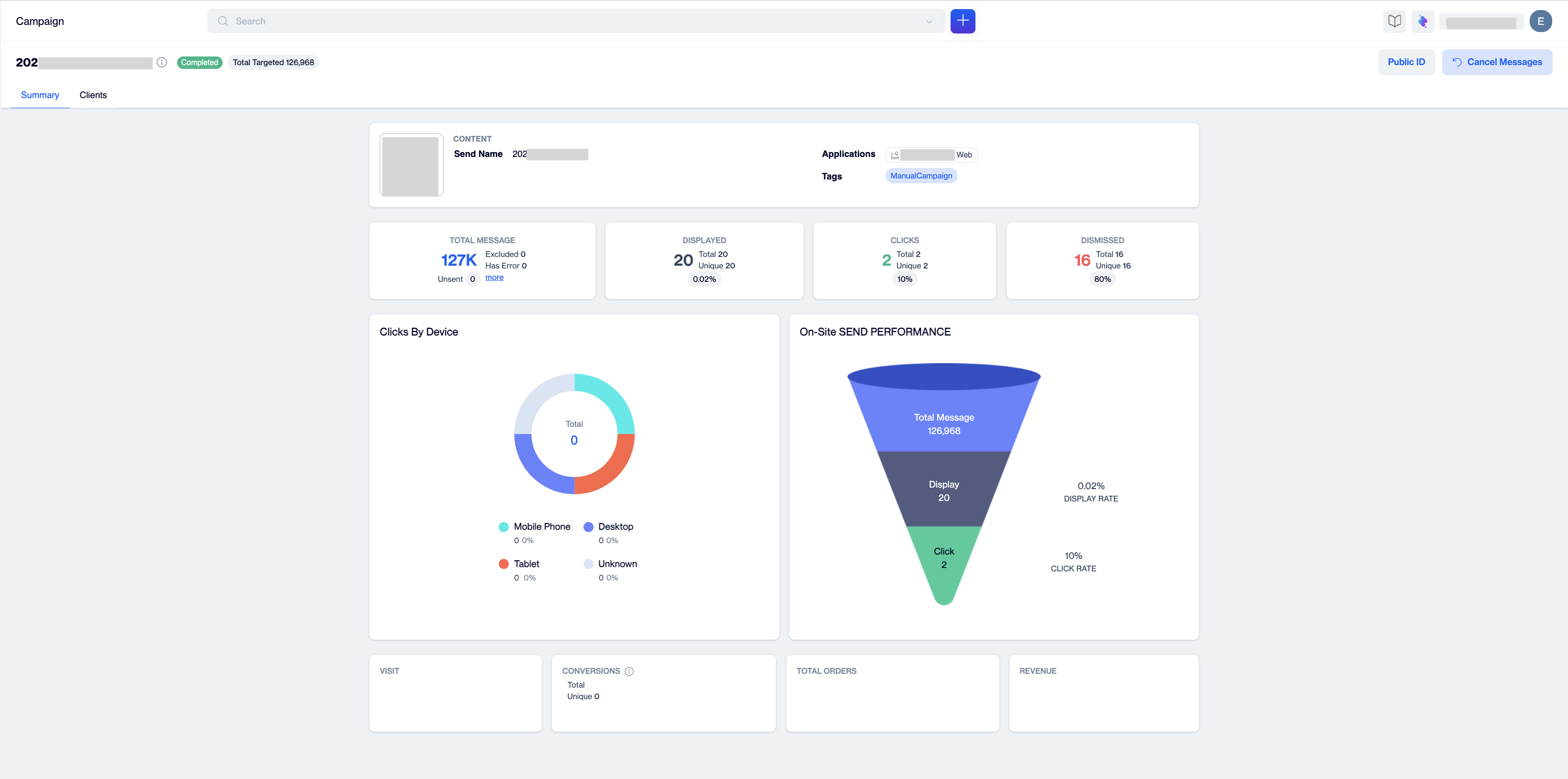 On-site Detailed Report Summary tab showing Total Message, Displayed, Clicks, and Dismissed cards, a Clicks By Device donut chart, and the On-Site Send Performance funnel.